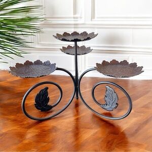 PartyLite 4-Tier Dark Brown Metal Leaf Pedestal Stand – Embossed Candle Holder